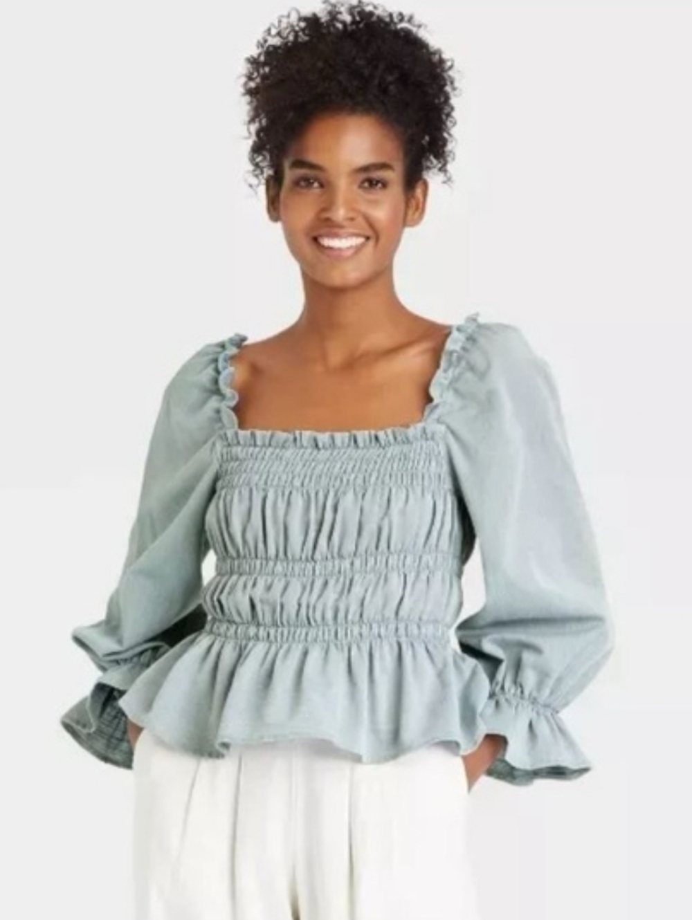 NWT Who What Wear Smocked Square-Neck Peplum Top - Light Blue 100% Cotton Boho